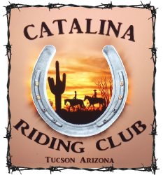 An image of a logo reading "Catalina Riding Club Tucson Arizona" featuring a horseshoe and a silhouette of a horse and rider in a desert landscape.