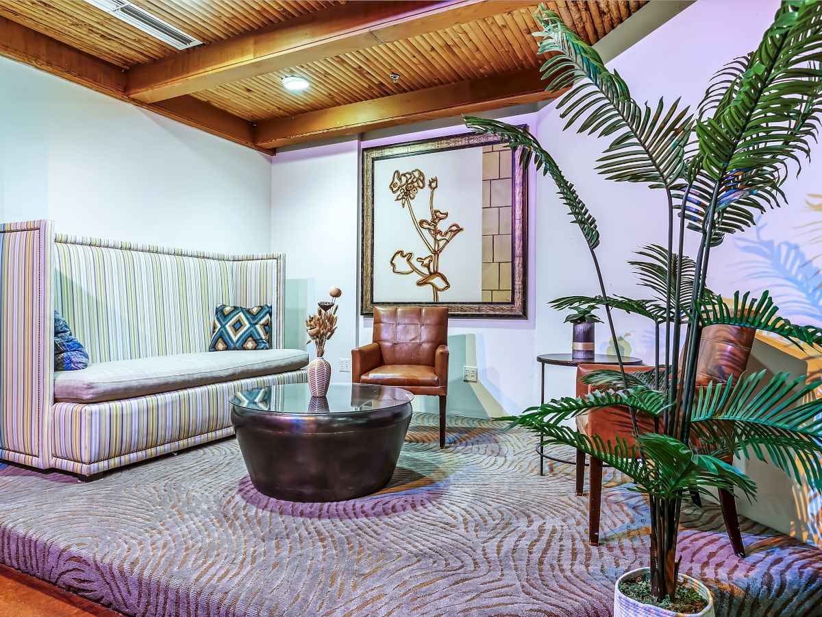 A cozy room with a striped couch, leather chair, round coffee table, framed art, and potted plants on a patterned carpet.