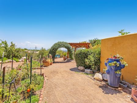 A garden pathway with an archway covered in greenery, surrounded by plants, pots, and a yellow wall, under a clear blue sky.