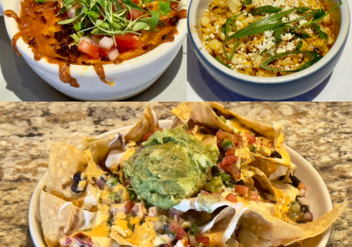 This image shows three dishes: a bowl of chili topped with cheese and microgreens, a bowl of corn with herbs and cheese, and a plate of nachos with various toppings.