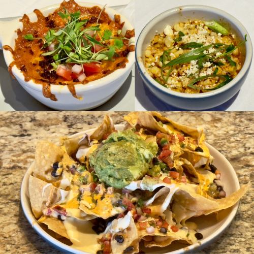 This image shows three dishes: a bowl of chili topped with cheese and microgreens, a bowl of corn with herbs and cheese, and a plate of nachos with various toppings.