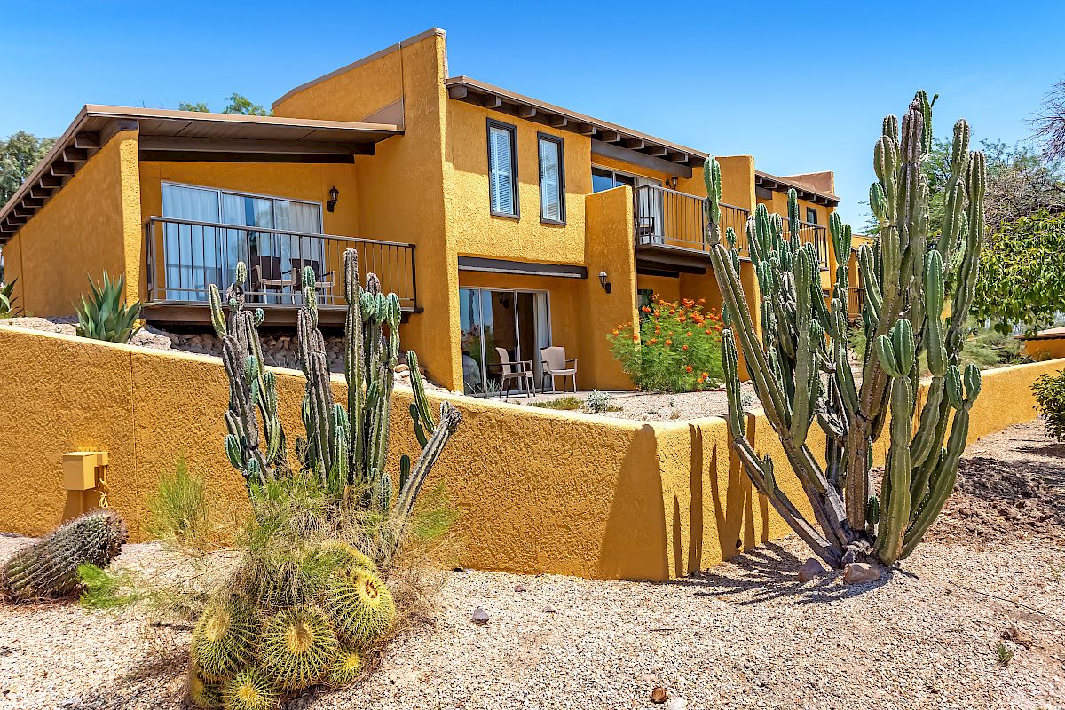 A desert-style yellow house with cacti in the front yard, featuring large windows and balcony areas under a clear blue sky.