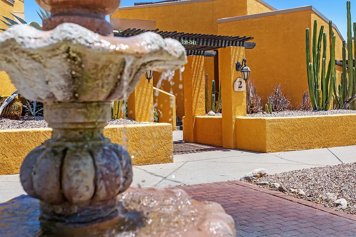 The image shows a close-up of a stone fountain with flowing water, in front of a yellow adobe-style building with large cacti in the background.