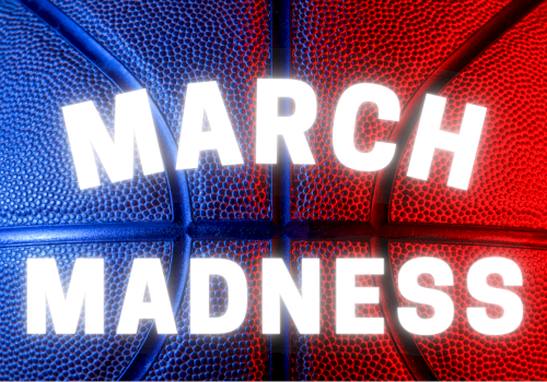 The image shows a basketball with "March Madness" written in large white letters over blue and red lighting on the ball's surface.