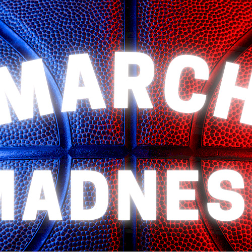 The image shows a basketball with "March Madness" written in large white letters over blue and red lighting on the ball's surface.