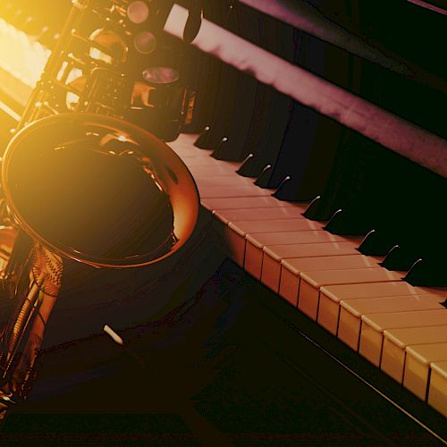 The image features a saxophone resting on or near a piano keyboard, with warm lighting casting a glow over the instruments.